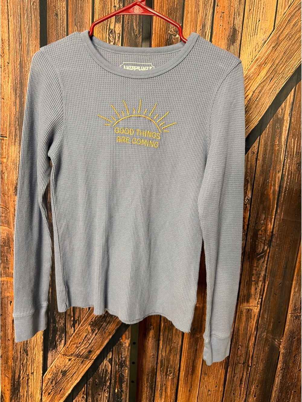 American Eagle Long Sleeve Thermal Shirt with 'Good Things Are Coming' Embroider